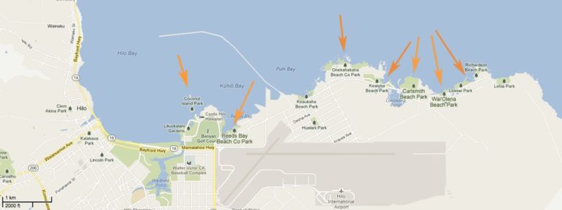 Map of beach parks in Hilo