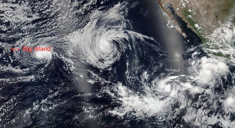 Four simultaneous tropical cyclones heading for Hawaii on July 22, 2016. From left to right: Darby, Estelle, Eight-E (which would soon become Georgette), and Frank. By National Oceanic and Atmospheric Administration, VIIRS, captured on SNPP satellite - https://lance.modaps.eosdis.nasa.gov/cgi-bin/imagery/single.cgi?image=DarbyEstelleFrankEight.A2016204.0000.375m.jpg, Public Domain, Link