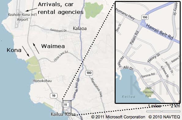 map of Kailua Kona and the Kona International Airport