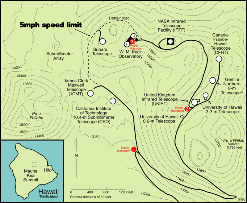 Map with telescopes on the summit of Mauna Kea