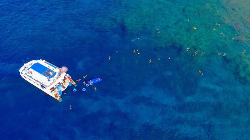 people in water snorkeling next to catamaran