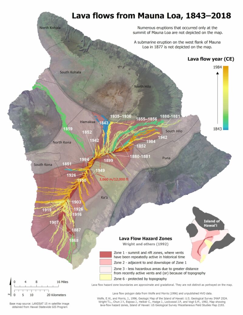map of Mauna Loa historic lava flows