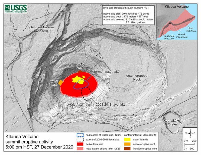 Kīlauea summit eruption reference map showing the location of ongoing lake activity