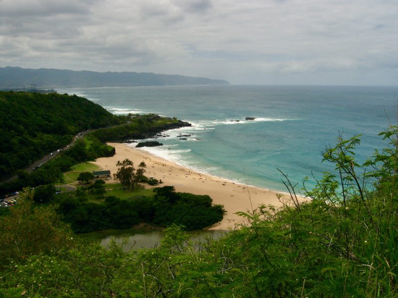 View of Waimea Bay from the Puʻu o Mahuka Heiau State Historic Site. 