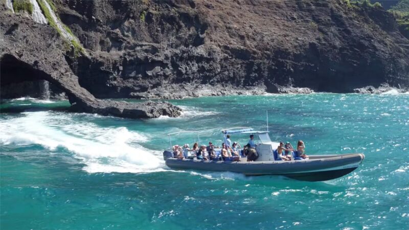 The custom-built, rigid-hull inflatables (RHIB’s) were designed for getting you to the Napali Coast in record time from Hanalei. Image: Holoholo Charters.