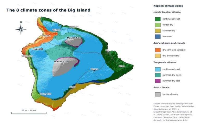 Köppen climate zone map of the Big Island in 3D relief, with Mauna Kea and Mauna Loa capped in the grey of tundra climate