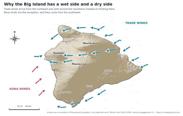 Relief map of the Big Island showing trade winds arriving from the northeast as a broad parallel front and splitting around Mauna Kea and Mauna Loa, with Kona winds arriving from the southwest