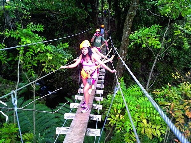 200-foot suspension bridge crossing at Botanical World Adventures zipline, Big Island Hawaii