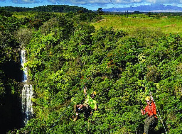 Two riders side by side on dual racing ziplines at Botanical World Adventures, Big Island