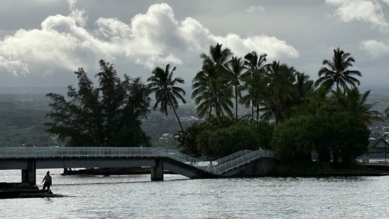 Collapsed pedestrian footbridge to Coconut Island in Hilo Bay, its far span buckled down into the water