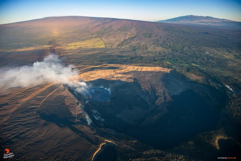 helicopter overview of the halemaʻumaʻu lava lake on the big island of hawaii
