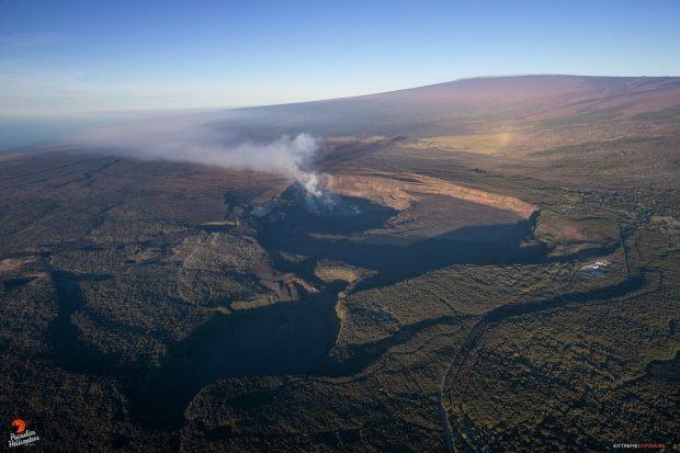 helicopter overview of the halemaʻumaʻu lava lake on the big island of hawaii