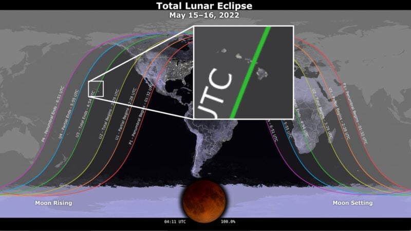 A map showing where the May 15-16, 2022 lunar eclipse is visible with an inset showing the Hawaiian islands