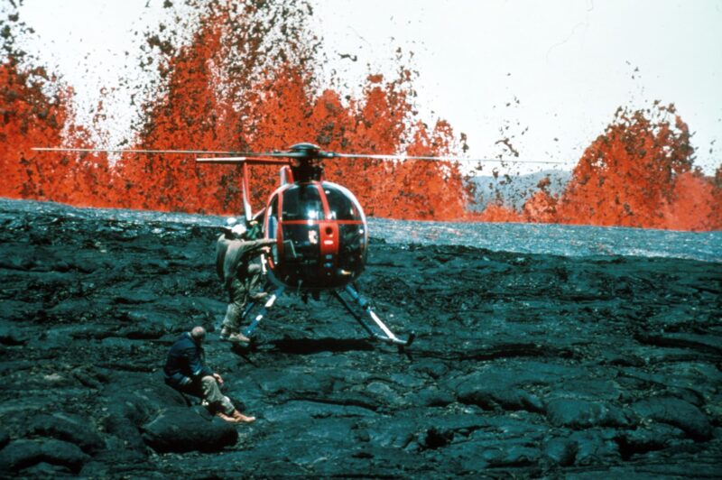 helicopter crew near lava fountains during the Mauna Loa eruption of 1984.