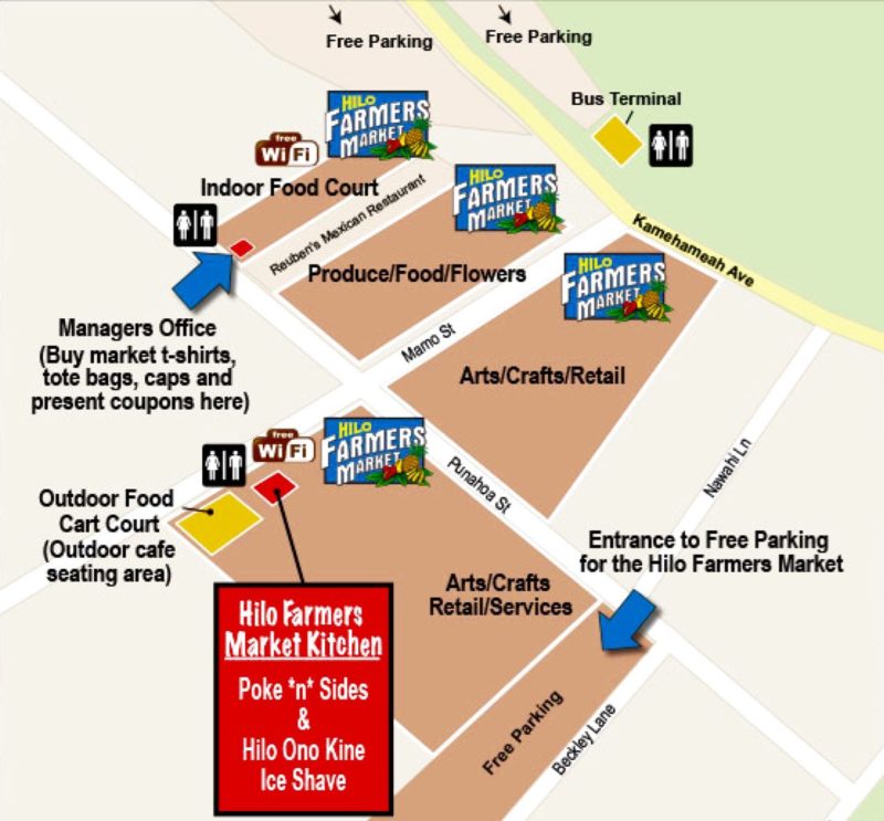 map of Hilo Farmers Market (Big Island, Hawaii)