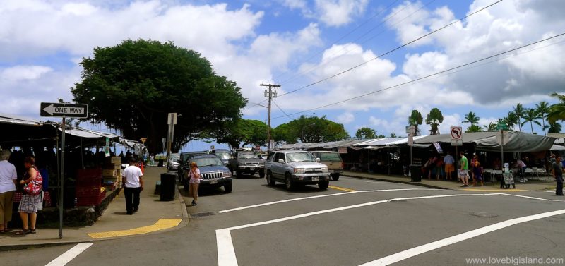 Hilo farmers market seen from uphill mauka