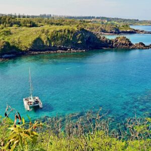 Snorkelers and a catamaran in Honolua Bay