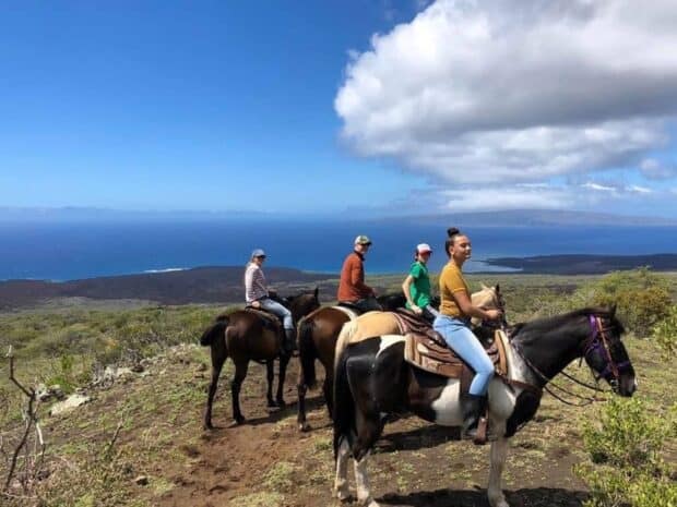 Four horseback riders turned toward the camera on a ridge trail, ocean and lava coastline behind, Triple L Ranch Maui