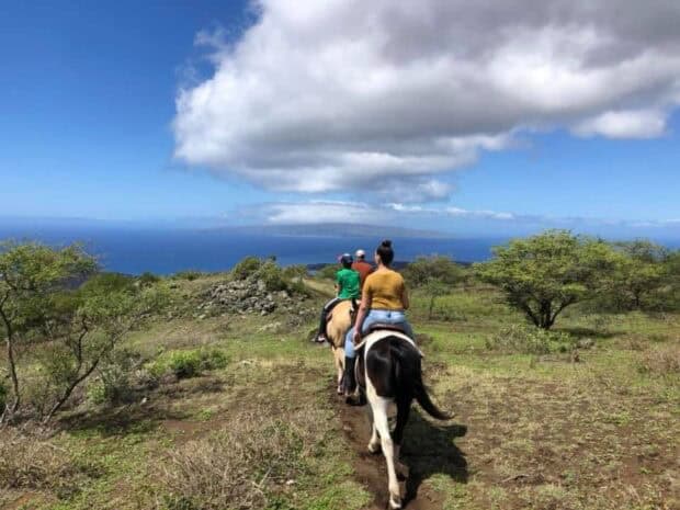 Riders single file on a narrow dirt trail through grass and scattered trees toward the ocean on a Triple L Ranch ride