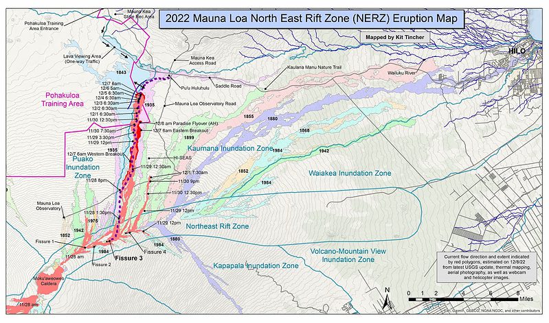 December 8 Eruption map showing the current Maunaloa lava flows overlayed on historic eruptions. Image credit: Kit Tincher