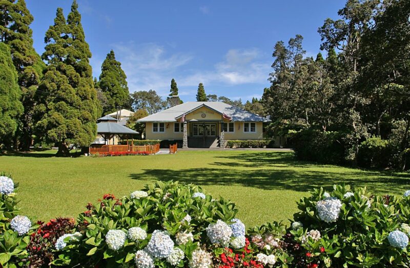 exterior views of the Kilaea Lodge in Volcano, HI, including the gardens in the foreground