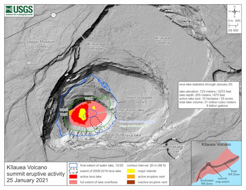 Kīlauea summit eruption reference map showing the location of ongoing lake activity