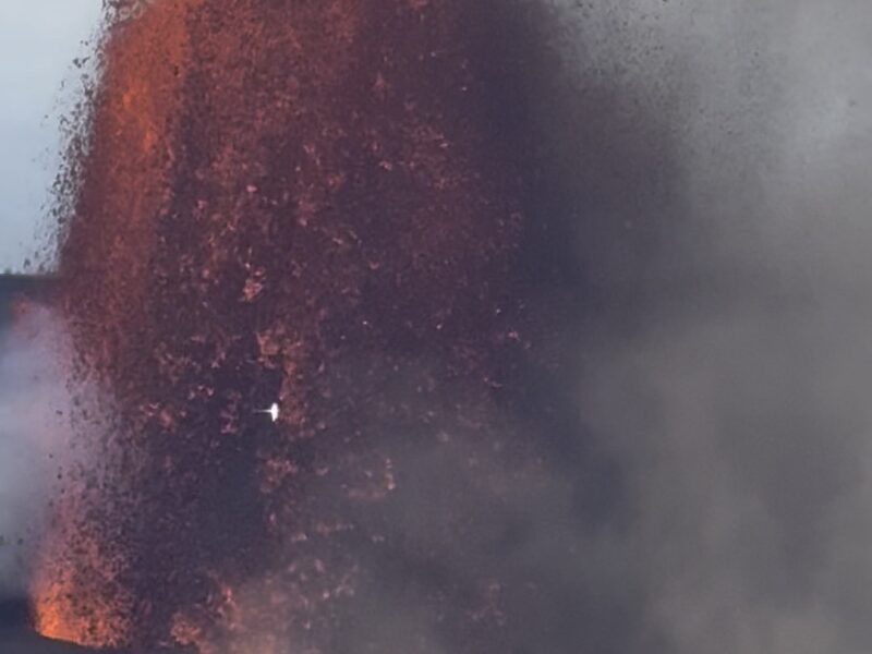 White-tailed tropicbird with its long tail streamer flying in front of a Kīlauea lava fountain