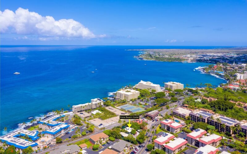 The location of the Kona Beach Hostel in downtown Kailua Kona