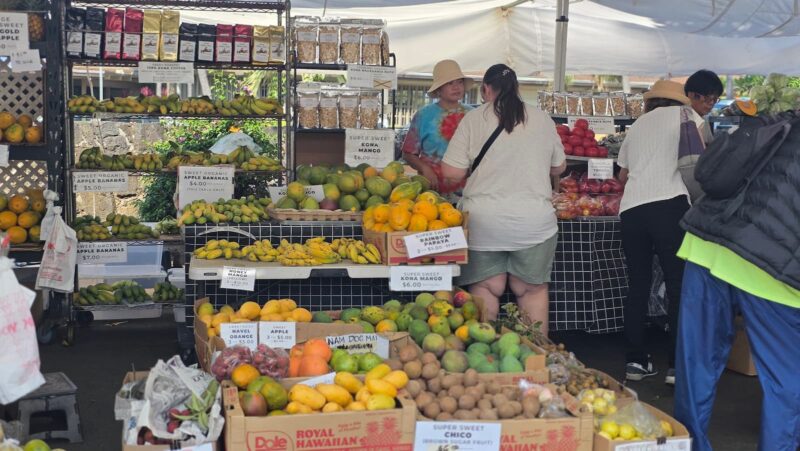 Stand of mangoes, papayas, apple bananas, and Kona coffee with price signs at the Kona Farmers Market
