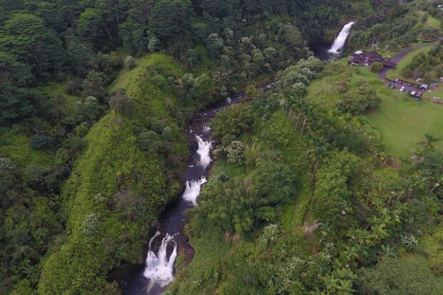 drone shot of Kulaniapia waterfall private property with 4 waterfalls