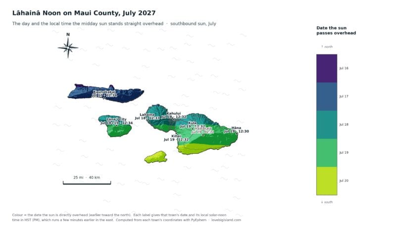 Maui County Lāhainā Noon dates and times, July 2027