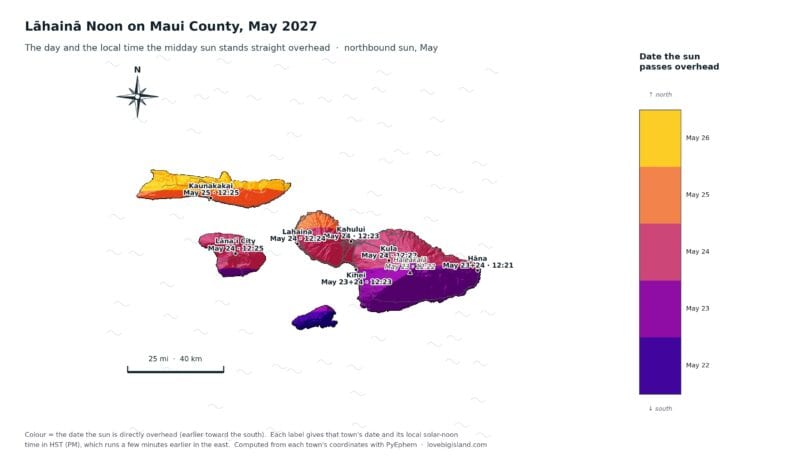 Maui County Lāhainā Noon dates and times, May 2027