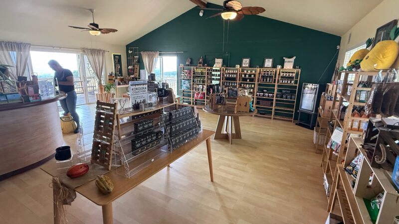 Interior of Lavaloha Chocolate Farm's visitor center shop with locally made chocolate products, Hilo, Hawaii