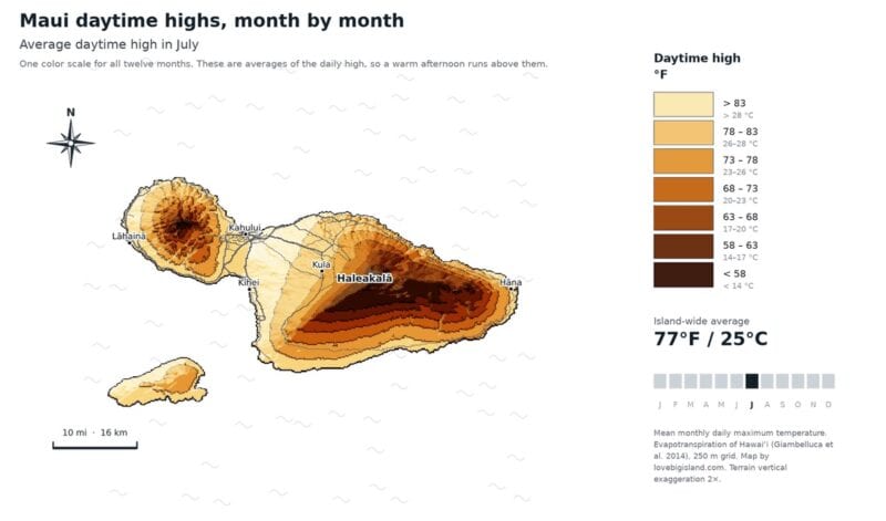 3D relief map of Maui shaded by average July daytime high, hottest along the leeward coasts and coldest at the Haleakalā summit, on a fixed color scale used for all twelve months.