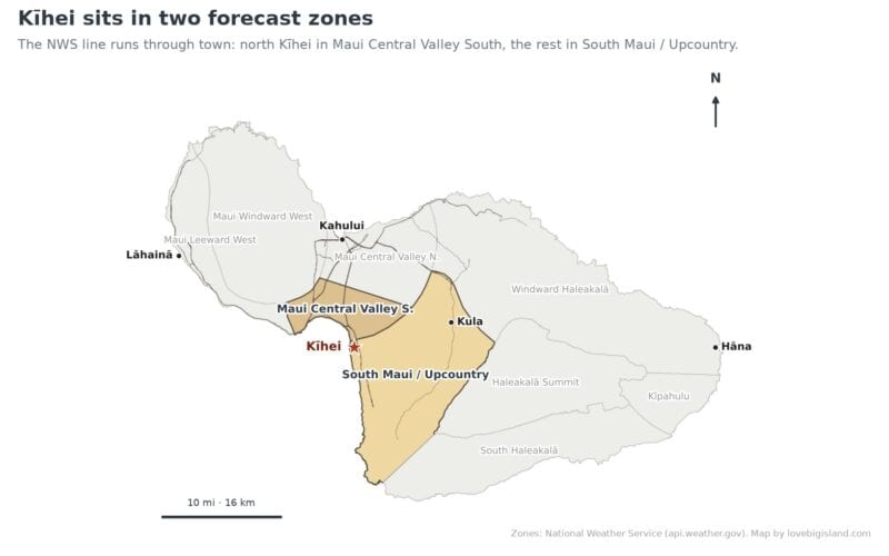 Map of Maui with Kīhei's two National Weather Service forecast zones highlighted (Maui Central Valley South and South Maui/Upcountry) and the rest of the island dimmed, a star marking Kīhei.