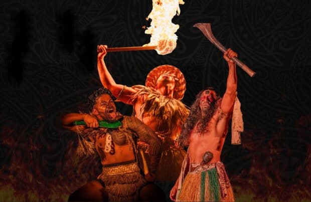 Three Mauka Warriors Luau performers with a fire staff, a carved club, and a green hand weapon against a patterned backdrop