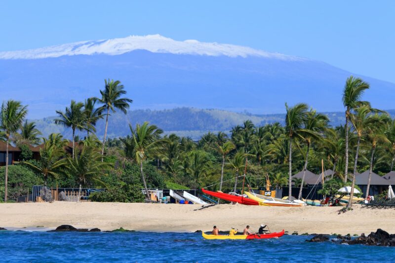 beach with snow toped mauna kea in background