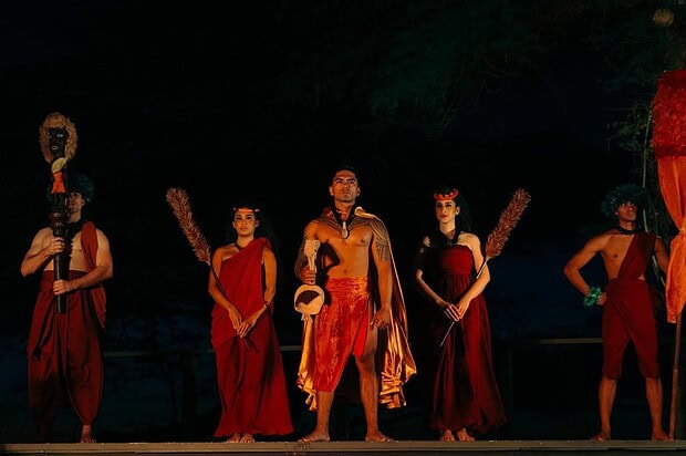 Costumed performers on stage at the Mauna Kea Luau evening show, Mauna Kea Beach Hotel, Kohala Coast