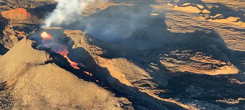 Aerial view of fissure 3 erupting on the Northeast Rift Zone of Mauna Loa on December 9, 2022. The eruption continues but the vigor has greatly reduced over the past 24 hours (note the almost empty lava channel). USGS image by M. Patrick. 