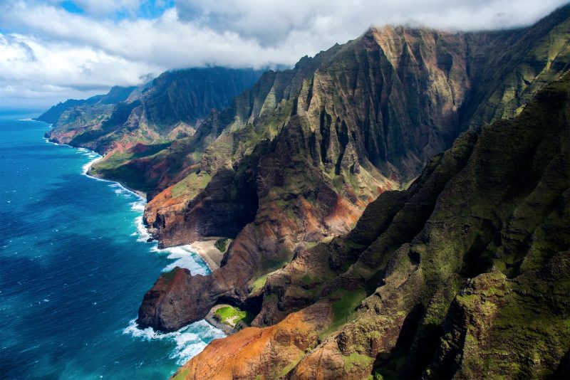 The Nāpali coast cliffs as seen from a helicopter