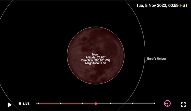 Simulation of what the lunar eclipse will look like from Hilo at the moment of maximum eclipse