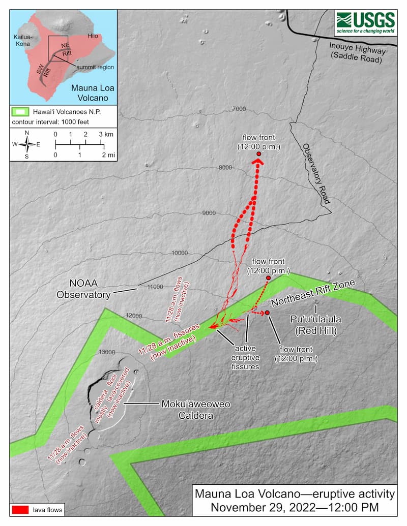 On November 29th, the Northeast Rift Zone eruption of Mauna Loa has continued into its second full day. At this time two fissures are active, sending lava flows in multiple directions. Overnight satellite views allowed USGS analysts to accurately map some of the most active flows, displayed in red here. Further downslope progression of the flows this morning is marked by dashed lines and points for the flow fronts at 12:00 p.m. today.