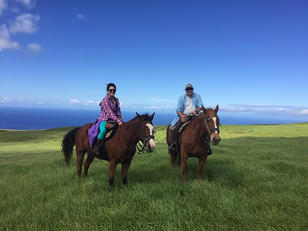 Two or three riders spread across open pasture in last light, silhouette-style
