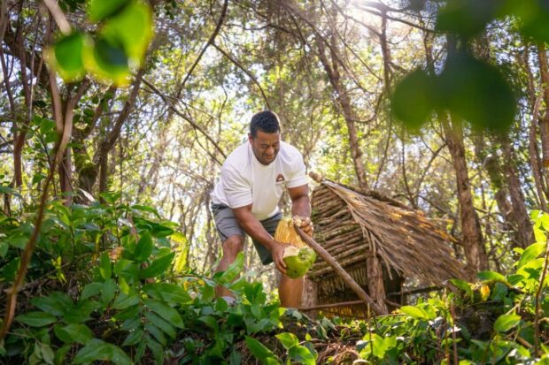 Polynesian guide demonstrating coconut cracking at the Samoa village stop on the Aloha Adventure Farms ATV tour in Holualoa