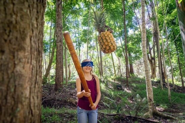 Young girl blindfolded holding a warrior club attempting the pineapple-smashing game at the Fiji village stop, Big Island ATV tour