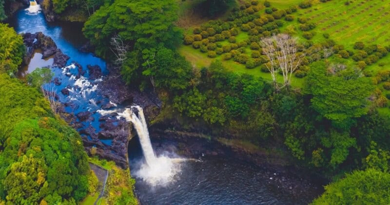 rainbow falls and the OK Farms lychee orchard, seen from the sky