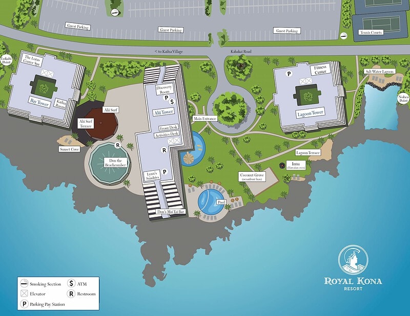 Resort map for the Royal Kona Resort onthe Big Island