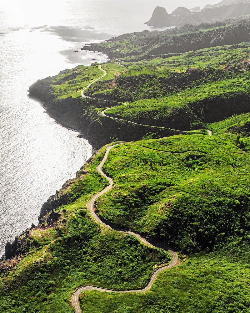 aerial shot of the lush and green road to haha on Maui