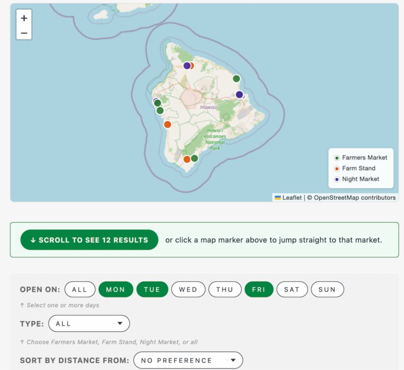 Map of Big Island farmers markets filtered by day of the week, showing which markets are open on the selected days near Keauhou