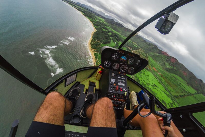 The Kauaʻi coastline from the front-seat of a helicopter